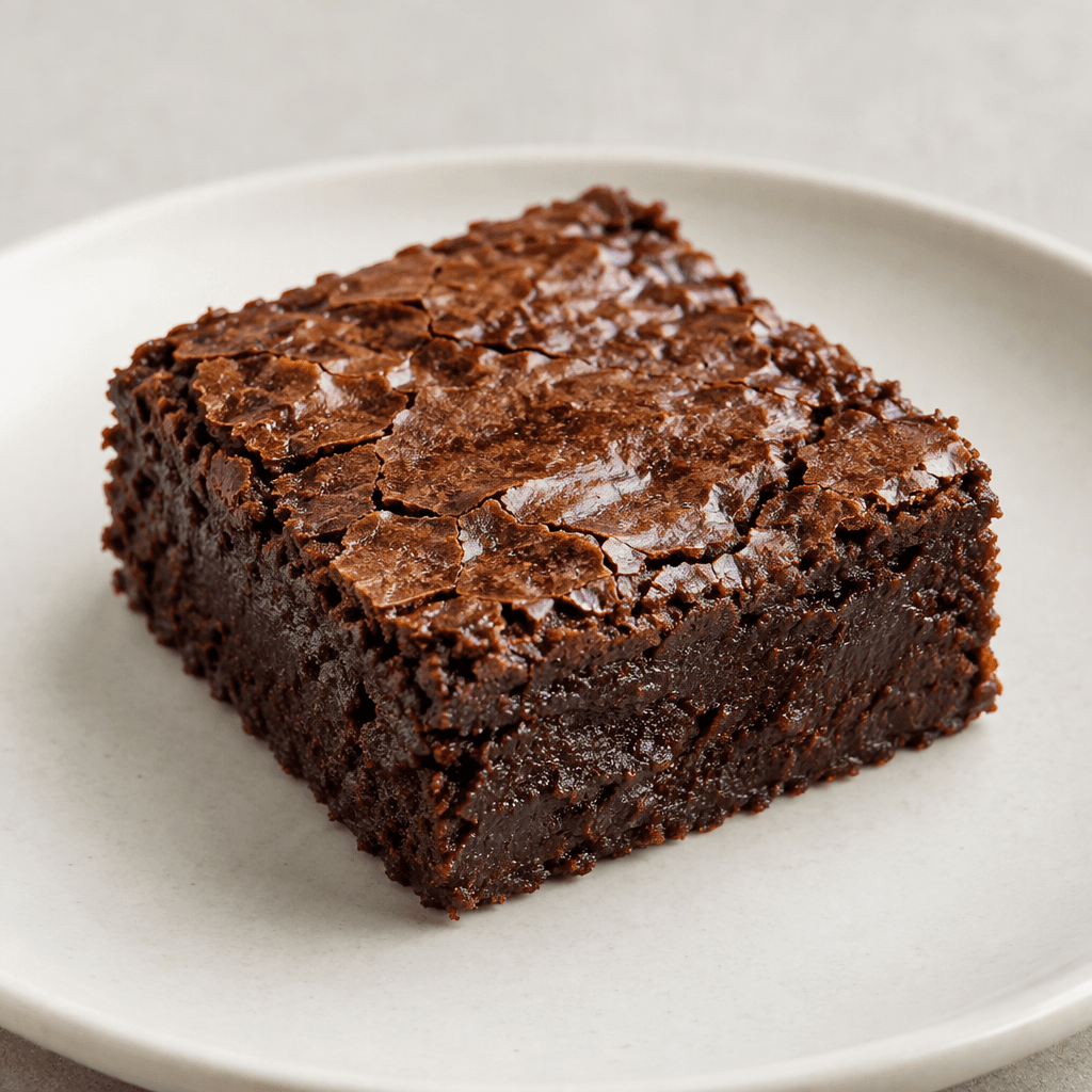 A square, dark chocolate-brown brownie with a slightly cracked, glossy top, dense fudgy sides, and a moist-looking interior, served on a plain light-coloured plate.