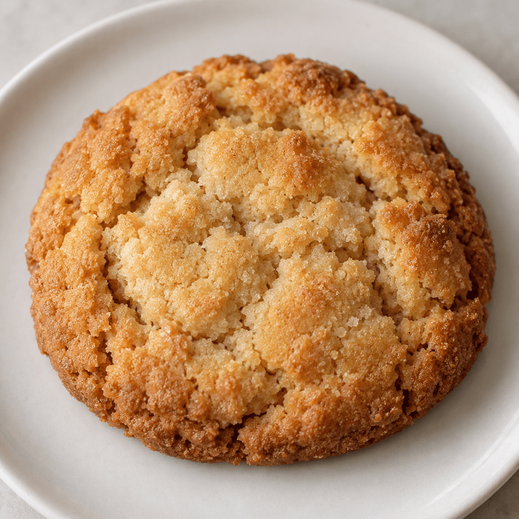 A round, golden-brown cookie with a slightly uneven edge, a dry, crumbly surface, and a few small cracks, resting on a plain plate.