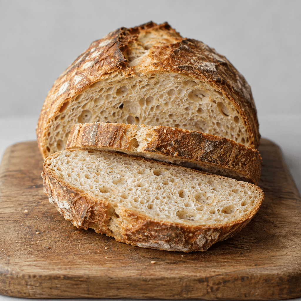 A small rustic loaf with a deep golden-brown crust, pale beige crumb and small irregular air pockets, sliced into thick pieces on a wooden board.