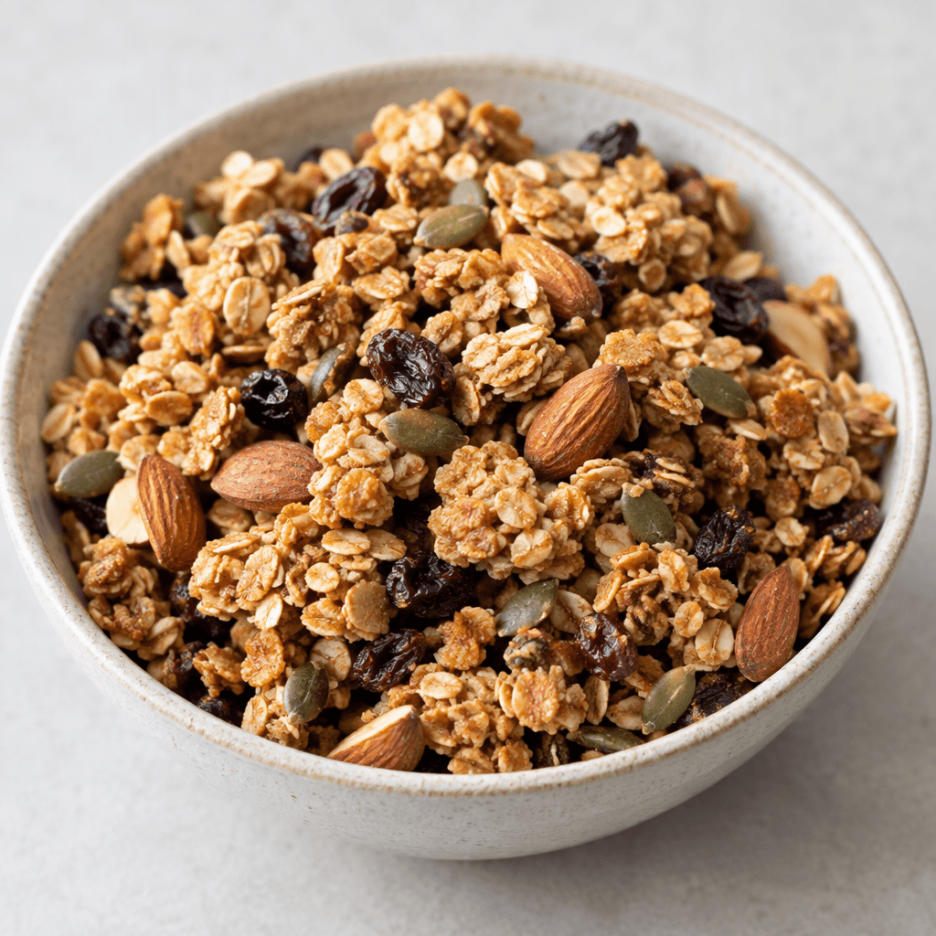 Loose, irregular clusters of golden-brown toasted rolled oats mixed with visible almonds, pumpkin seeds and small dark dried-fruit pieces, piled in a shallow bowl with a crisp, crumbly texture.