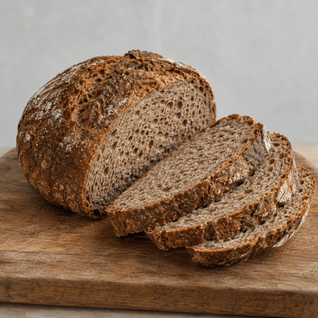 A small, rustic loaf with a deep brown crust, dense yet slightly porous gray-brown crumb, and several thick slices arranged beside it on a wooden board.