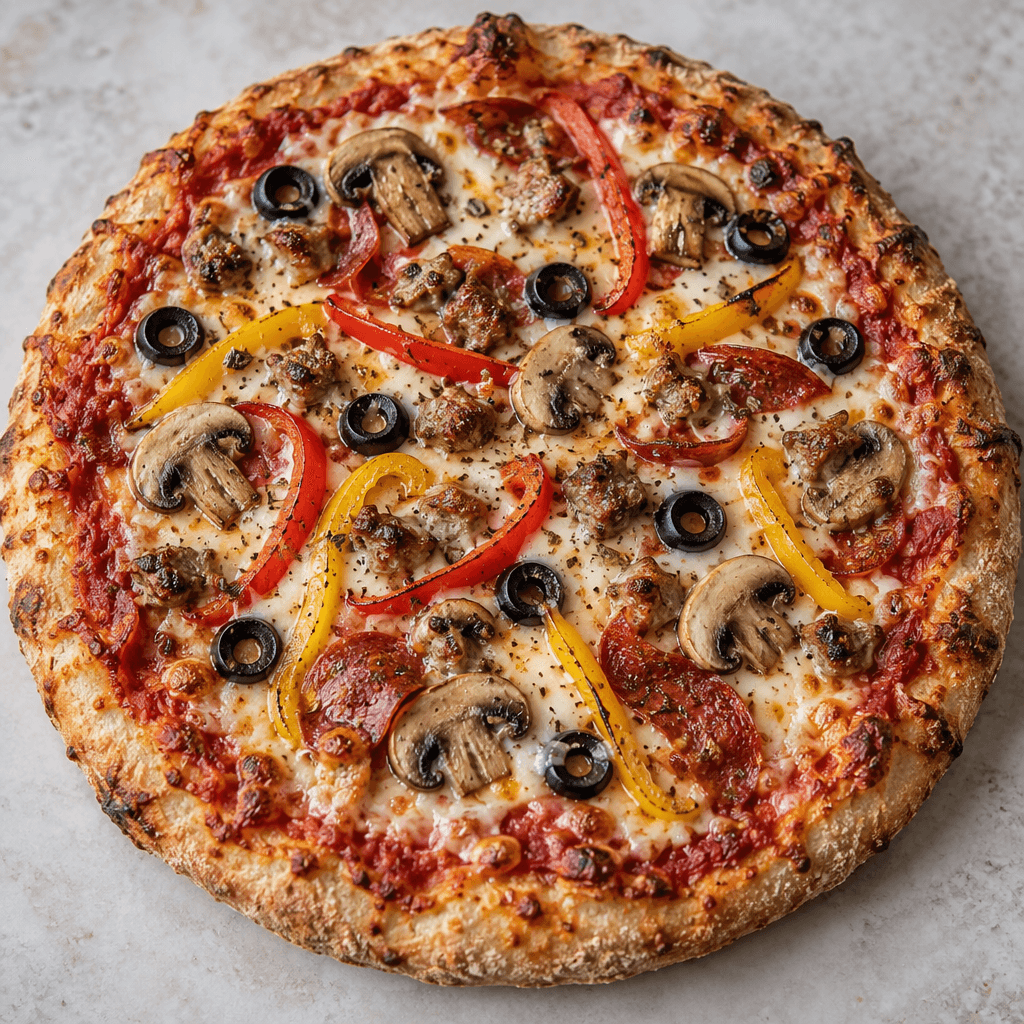 Hafifçe kızarmış, kenarları biraz düzensiz yuvarlak glutensiz pizzanın üzerinde erimiş açık sarı peynir, kırmızı domates sosu, mantar dilimleri, biber, zeytin ve et parçaları görülüyor.