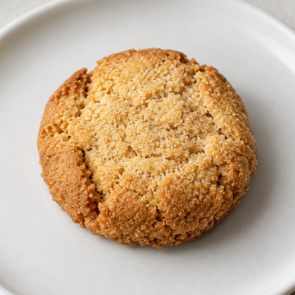 A small round cookie with a golden-brown surface, slightly cracked edges, and a crumbly, sandy texture, served on a plain plate.
