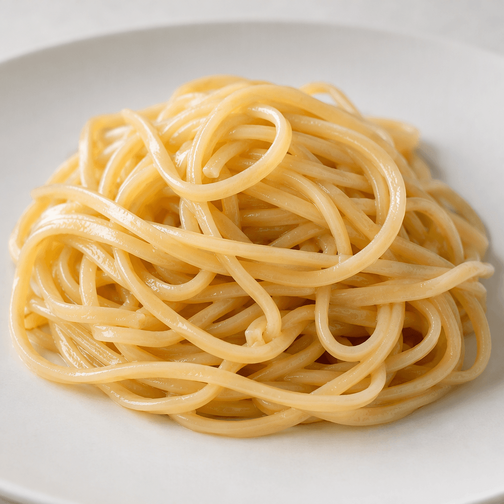 A small mound of cooked gluten-free pasta made of pale golden-beige, slightly translucent strands, with smooth surfaces, gently curved shapes, and a few strands overlapping on a plain plate.