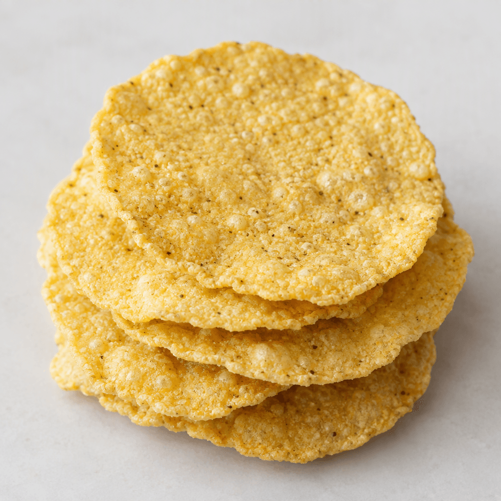 Thin, crisp, pale golden-yellow corn crackers with a coarse, lightly bubbled surface and irregularly rounded edges, arranged in a small overlapping stack.