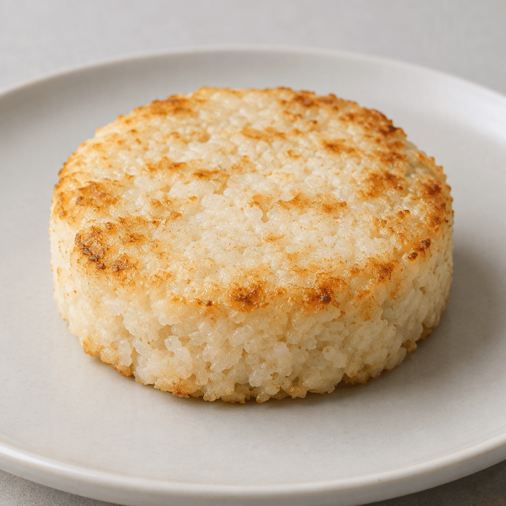 A small, round, thick rice cake with a pale cream surface, lightly browned edges, and a compact, slightly crumbly texture, served plain on a plate.