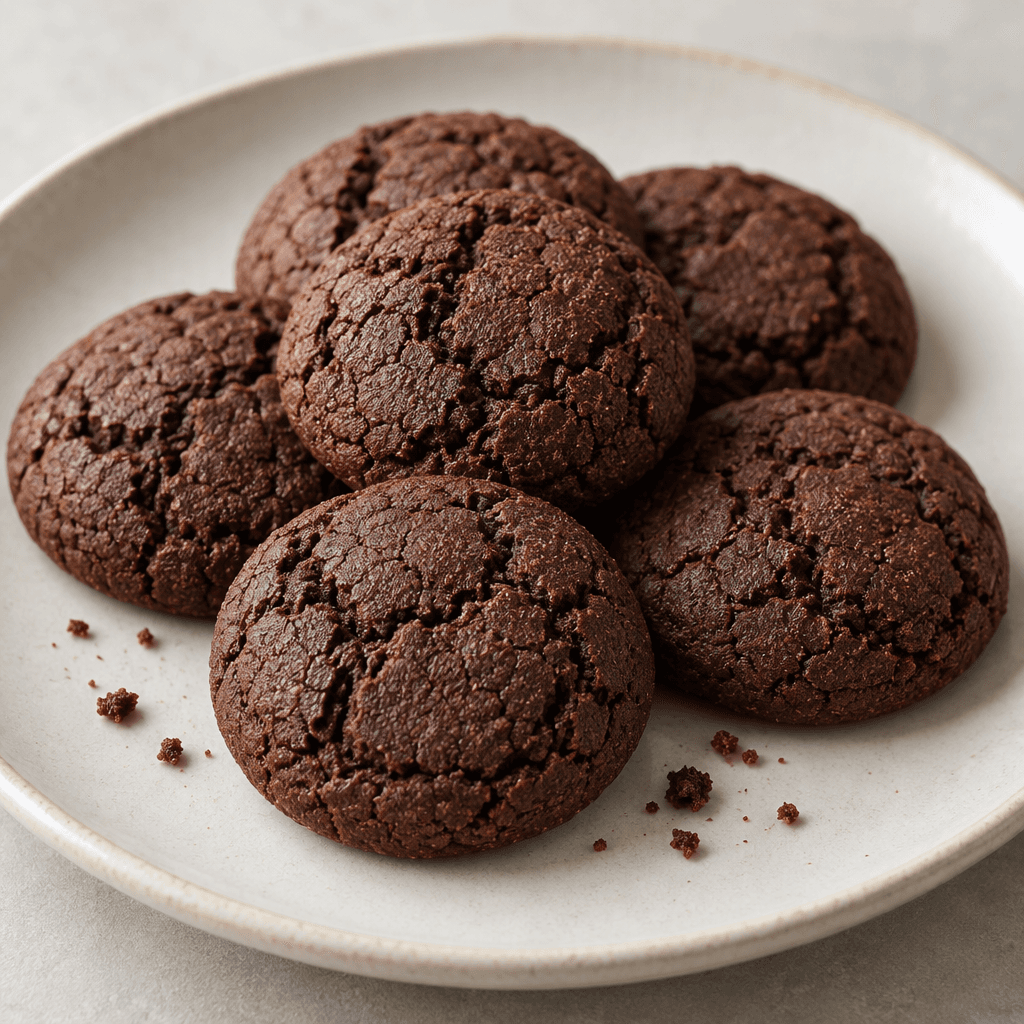 Small, round, dark-brown cocoa cookies with slightly cracked, matte surfaces are arranged on a plain plate with a few crumbs nearby.