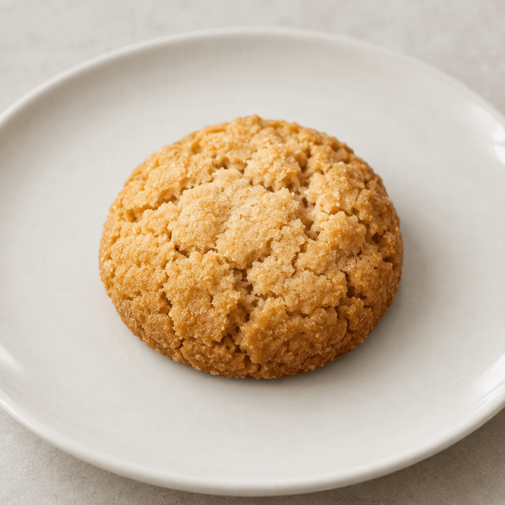 A small, round, golden-brown cookie with a lightly cracked, crumbly surface, served on a plain plate.
