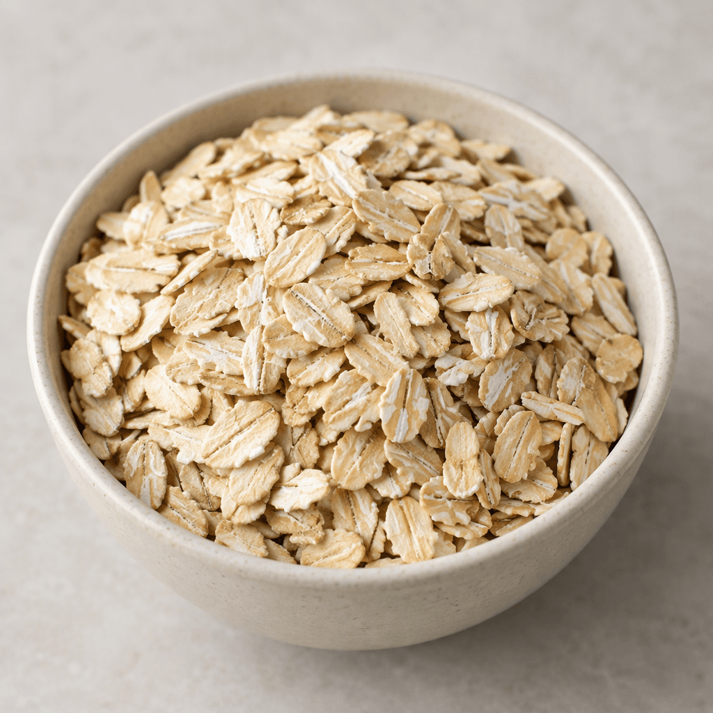 Pale cream-to-beige oat flakes with a dry, slightly rough surface and flattened irregular oval shapes, loosely piled in a simple bowl.