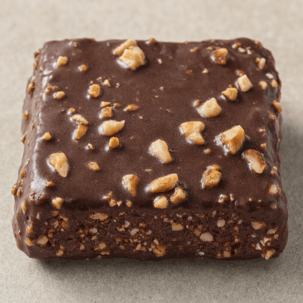 A small rectangular dark-brown chocolate bar with a slightly uneven coating, chopped hazelnut pieces visible across the surface, and a textured, grainy interior showing at the edges.