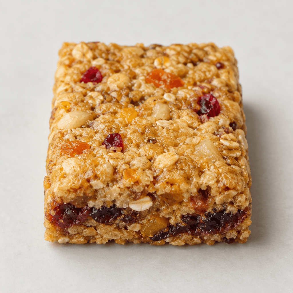A rectangular golden-brown cereal bar with a lightly textured surface, dotted with small red, orange and pale fruit pieces and showing a darker fruit layer along its cut edge.