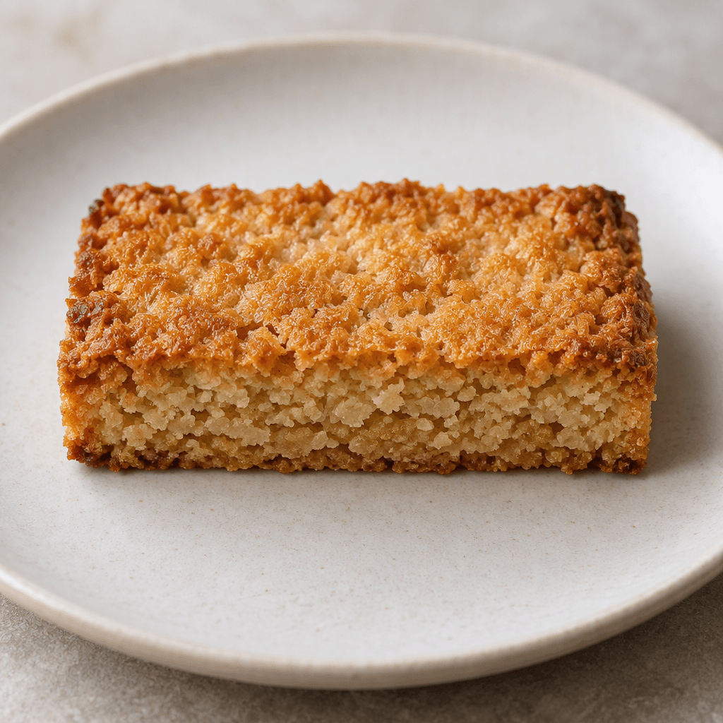 A small rectangular golden-brown biscuit bar with a lightly rough, crisp-looking surface and compact layers visible along its cut edge, served whole on a plain plate.