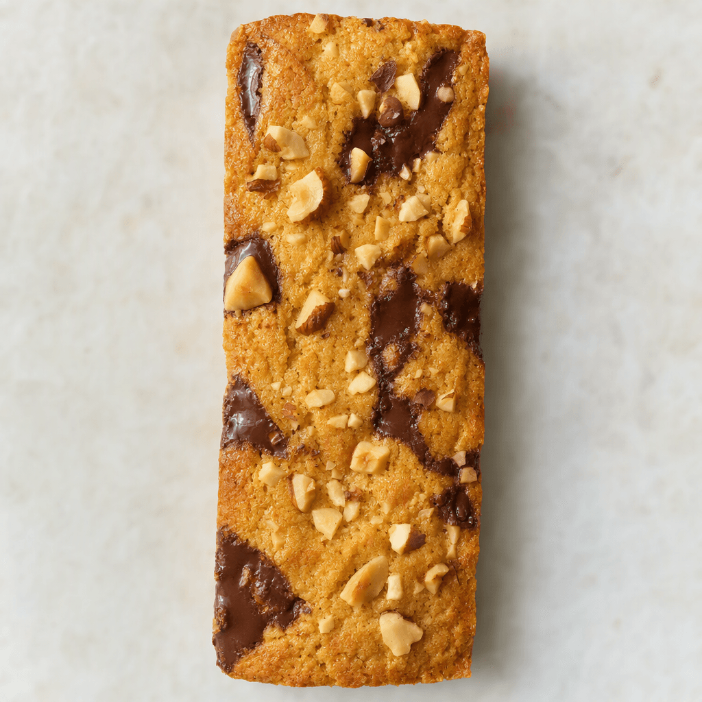 A slim rectangular biscuit bar with a golden-brown, slightly crumbly surface, dotted with small hazelnut pieces and marked with patches of dark chocolate.