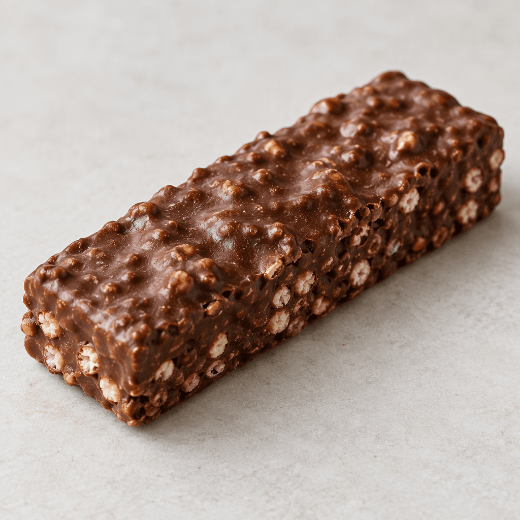A slim rectangular chocolate-brown bar with a slightly uneven surface and small pale crisp pieces visible along its edge.