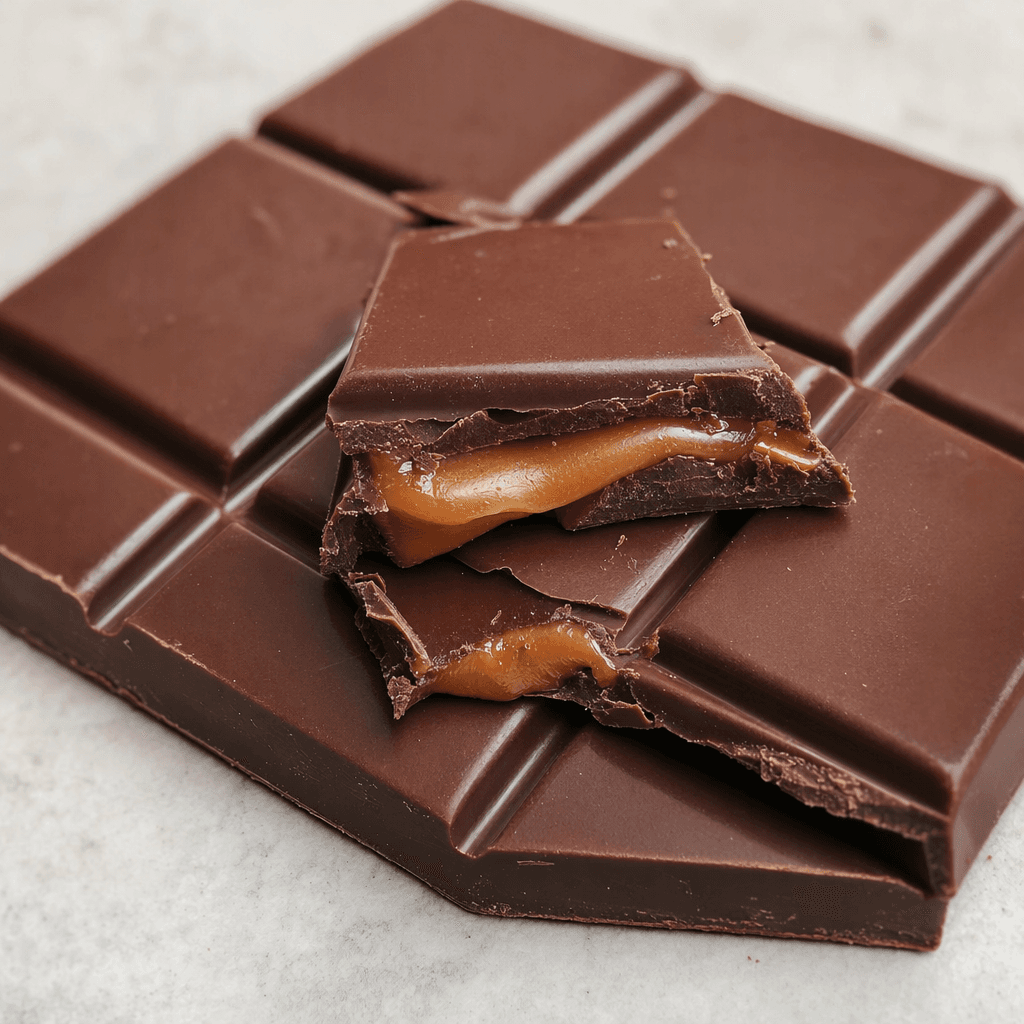 A dark brown chocolate bar divided into neat rectangular segments, with a broken piece showing a soft golden-brown caramel center.