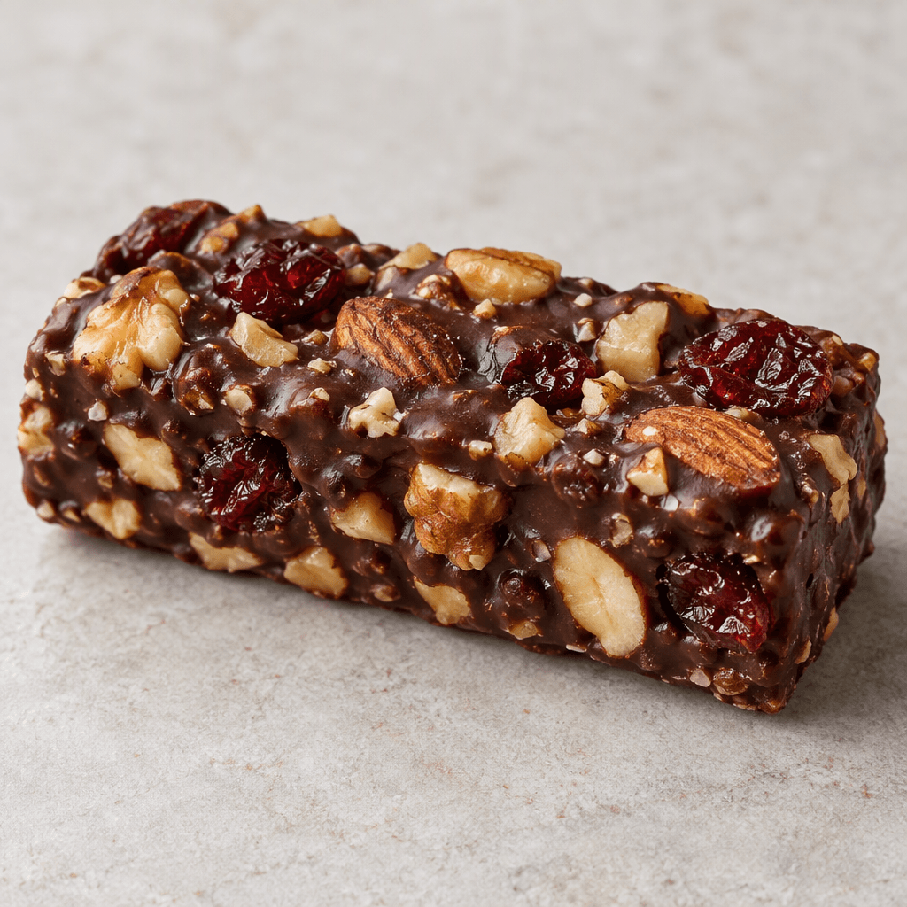 A compact, roughly rectangular nut bar with a dark brown chocolate coating and visible pieces of nuts and red dried fruit across its surface.