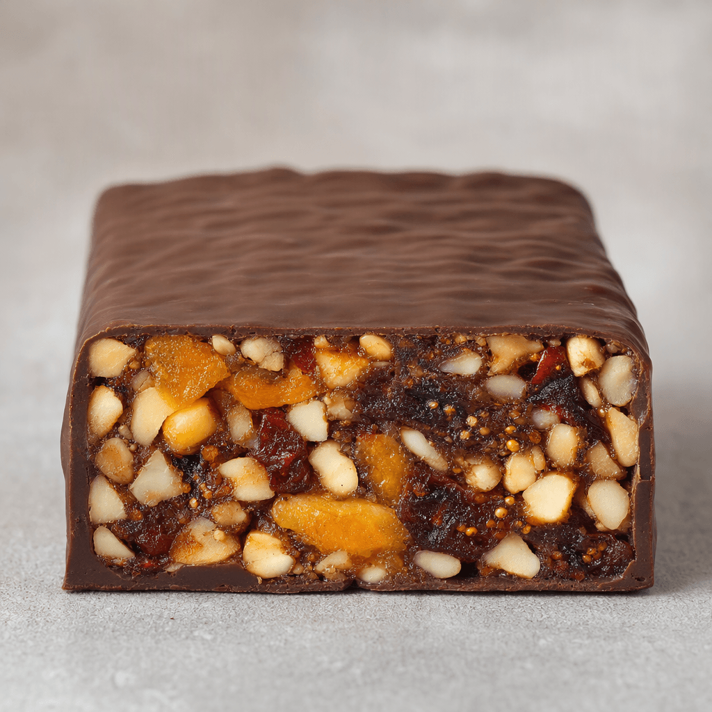 A compact rectangular bar with a dark brown chocolate coating, its cut face showing a dense mixture of chopped nuts and colorful dried fruit.