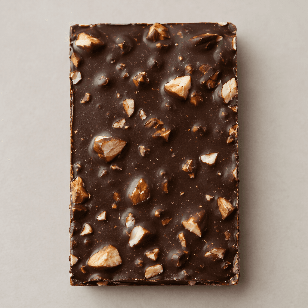 A rectangular, deep-brown dark chocolate bar with a slight sheen and irregular pieces of nuts visible across its surface and in the broken edges.