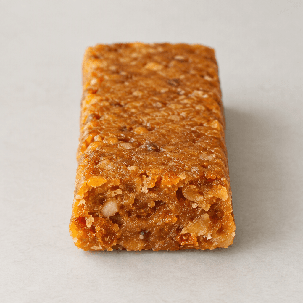 A slim, rectangular orange-brown snack bar with a dense, slightly uneven surface and a soft-looking interior visible at its cut end.