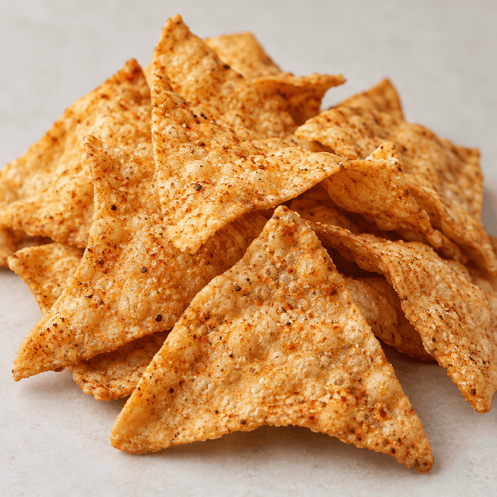 A small pile of thin, irregularly triangular, golden-beige protein chips with a lightly bubbled surface and fine reddish-orange seasoning specks.