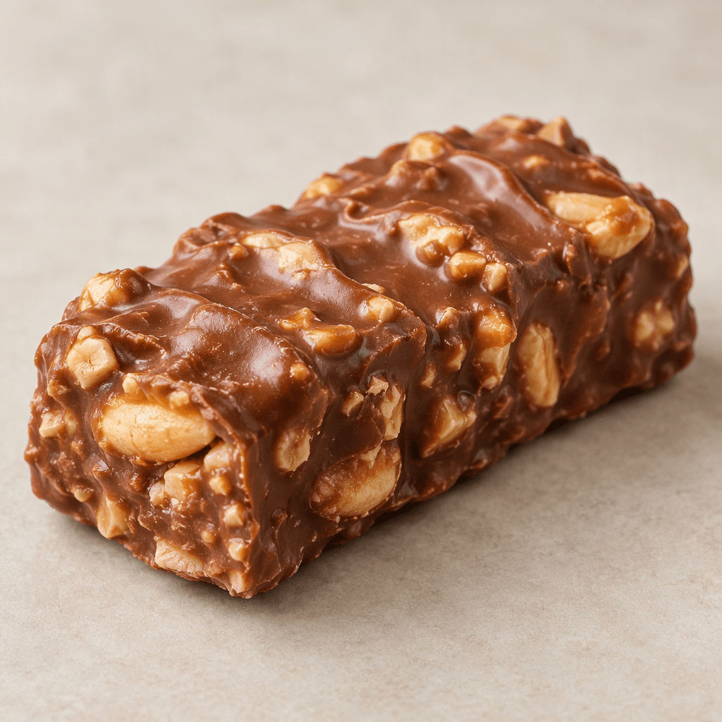A short rectangular bar with a ridged, golden-brown surface, studded with visible peanut pieces and lightly coated in chocolate.