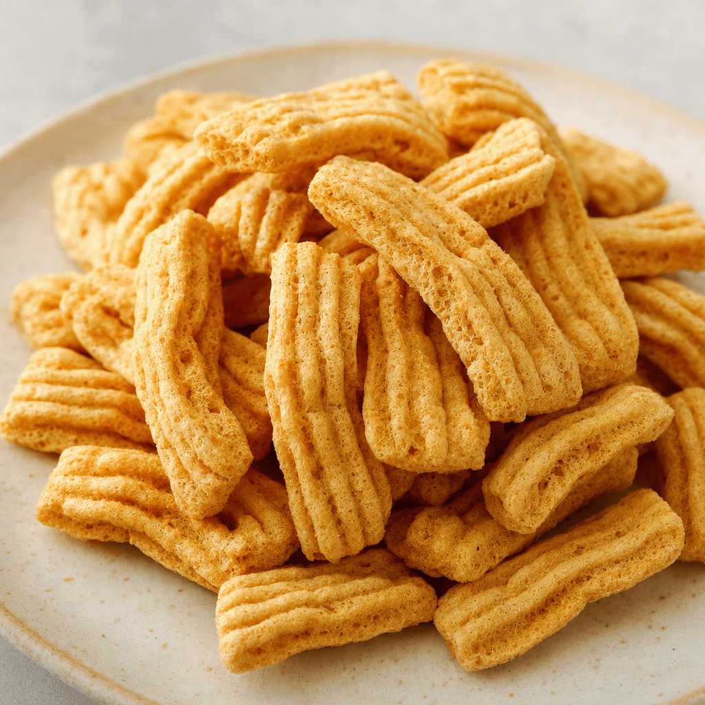 A small pile of light golden-brown, airy, ridged peanut-protein chips, each shaped like a short curved strip with a rough, porous surface.