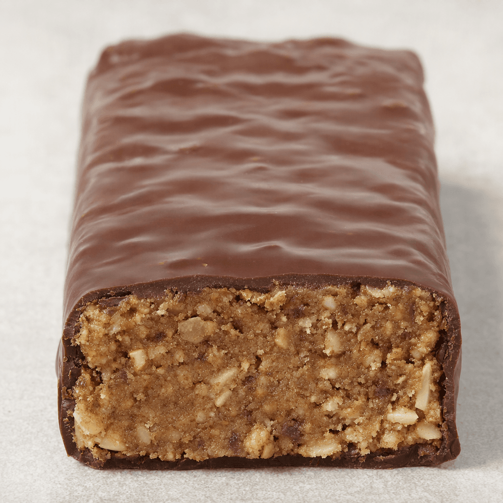 A rectangular protein bar with a dark brown chocolate coating, slightly uneven edges, and a dense, grainy interior visible where it is cut.