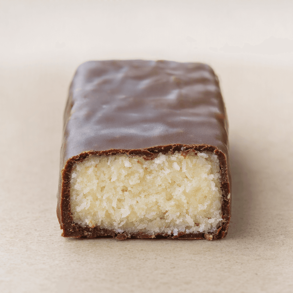 A short rectangular bar with a dark chocolate coating and a pale, finely textured coconut filling visible at the cut end, dotted with tiny coconut flakes.