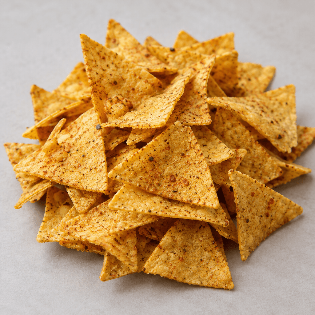 Small, thin triangular chips with uneven edges, a golden-yellow surface, and scattered reddish-brown seasoning flecks are piled loosely together.