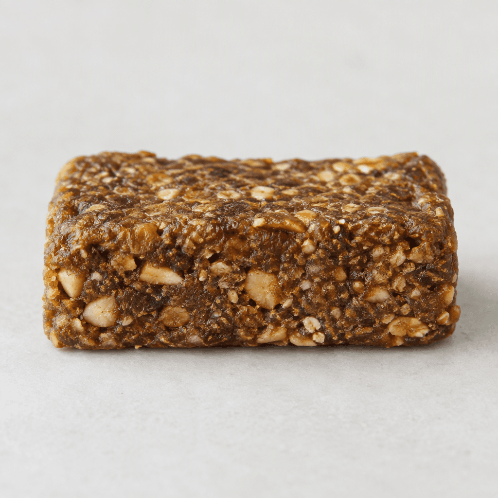 A compact, rectangular brown snack bar with a slightly uneven, dense surface and small visible grain and nut pieces, served whole or cut to show its textured interior.