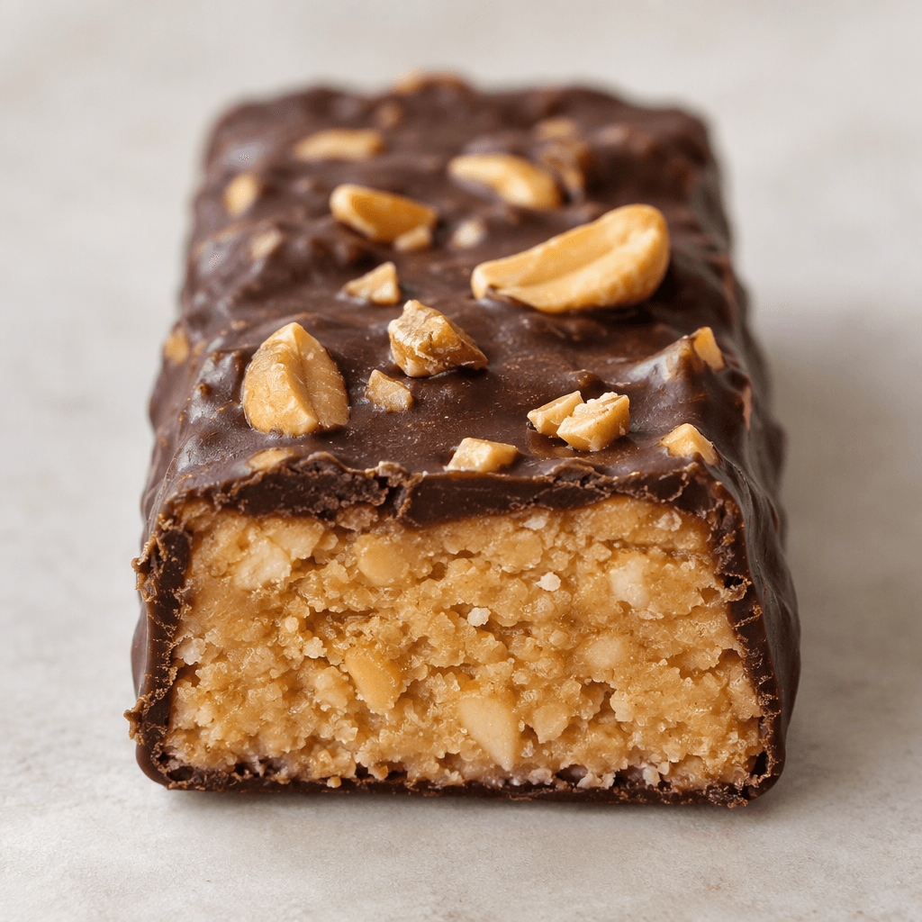 A compact rectangular bar with a dark chocolate coating, a few peanut pieces visible on top, and a dense beige peanut-colored interior exposed at the cut end.