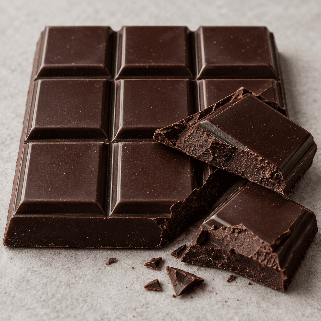 A deep, nearly black-brown chocolate bar divided into neat rectangular segments, with a smooth slight sheen and a few broken pieces showing a dense, matte interior.