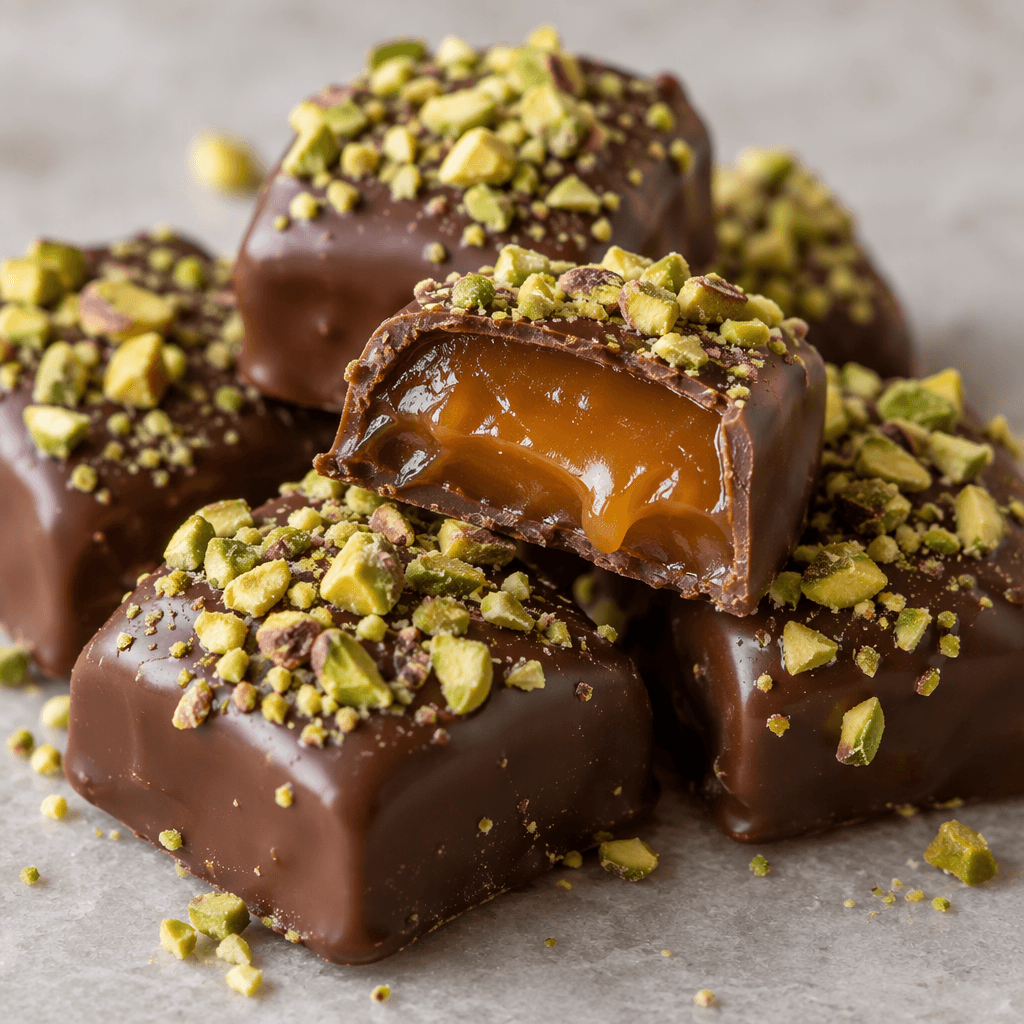 Glossy brown chocolate pieces with finely chopped green pistachios scattered over their surfaces, with a cut piece showing a soft amber caramel center.