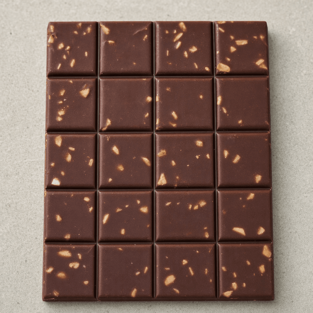 A dark brown rectangular chocolate bar is divided into neat segments, with pale tan almond pieces visible across its smooth, slightly glossy surface.