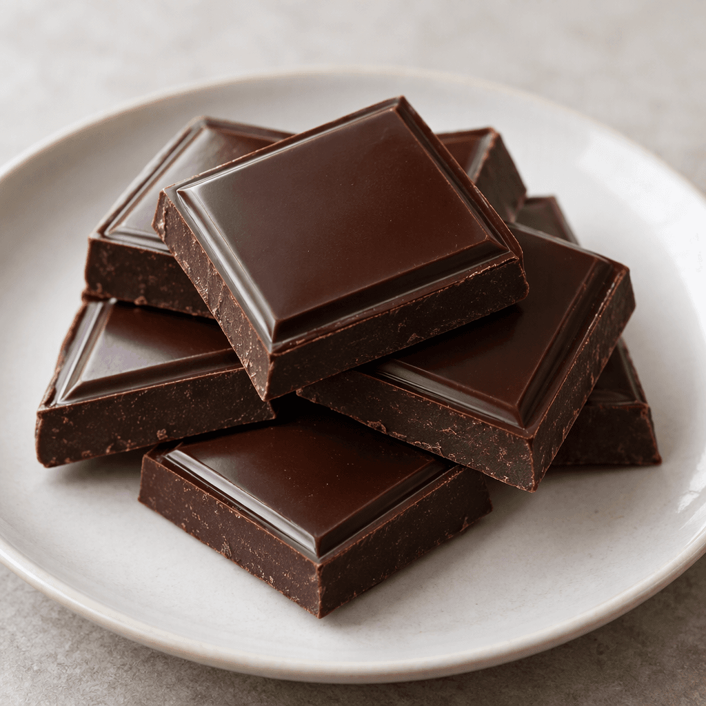 Glossy, deep-brown dark chocolate in thick rectangular pieces with clean edges and a smooth surface, arranged on a plain plate.