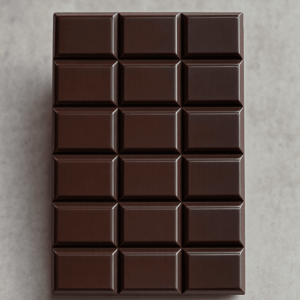 A deep brown, nearly black chocolate bar with a smooth, faintly glossy surface and evenly scored rectangular sections.