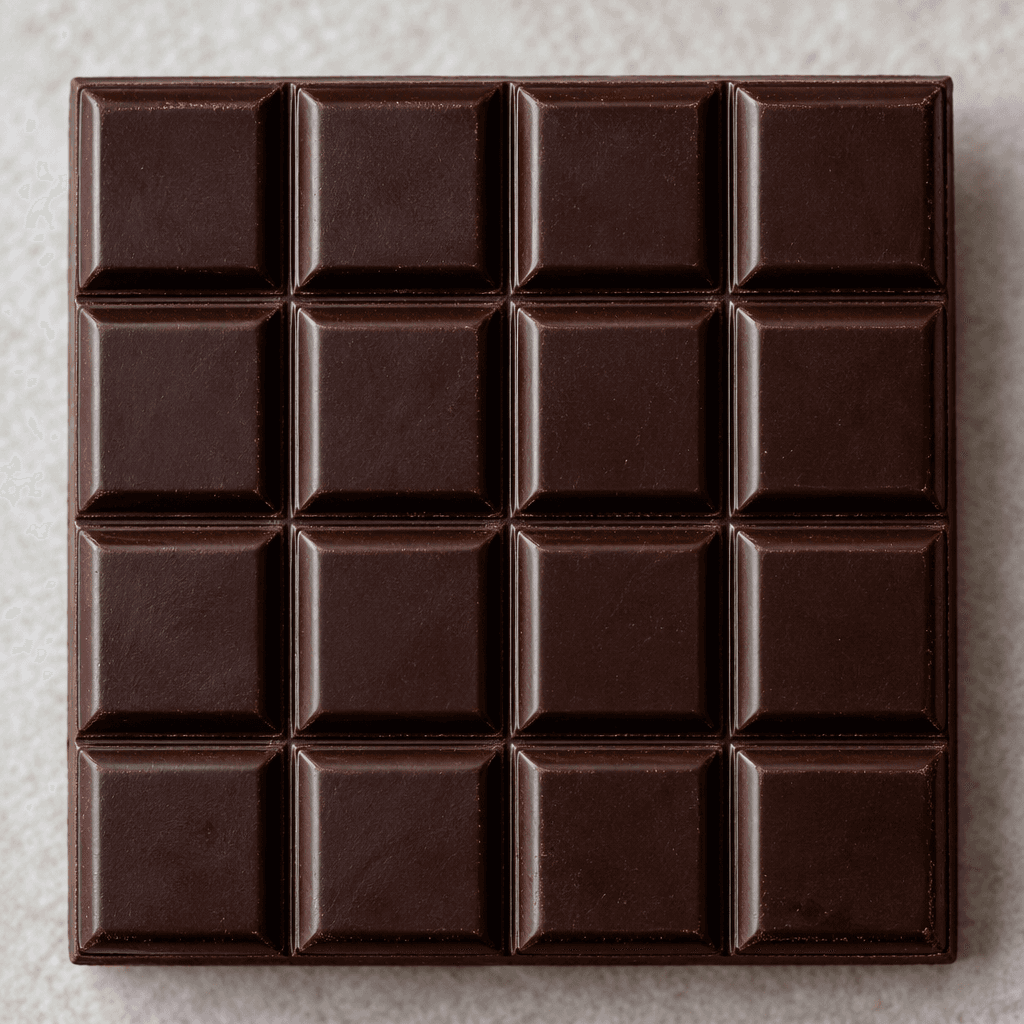 A deep brown, nearly black chocolate bar divided into neat rectangular squares, with a smooth surface and a subtle sheen.
