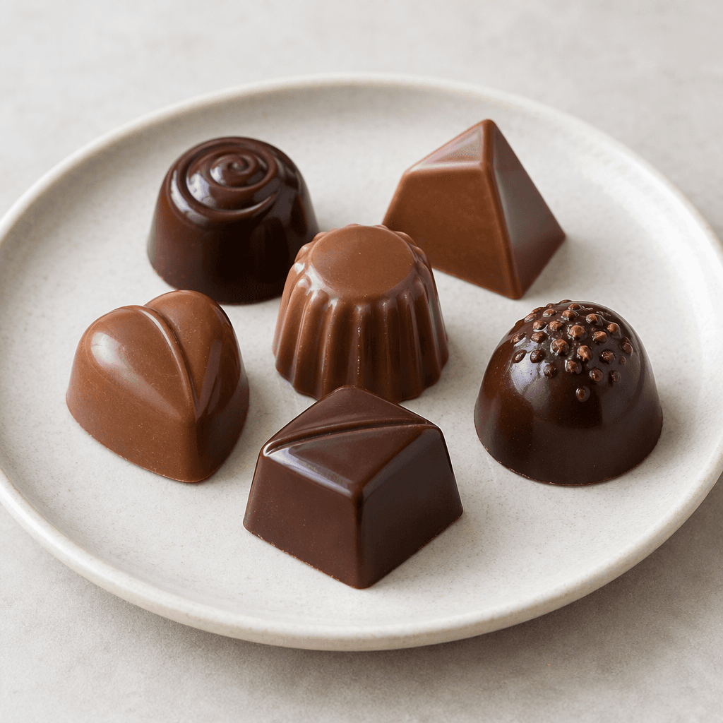A few small, glossy molded chocolates in shades of dark and milk brown are arranged on a simple plate, with smooth surfaces and varied rounded and angular shapes.