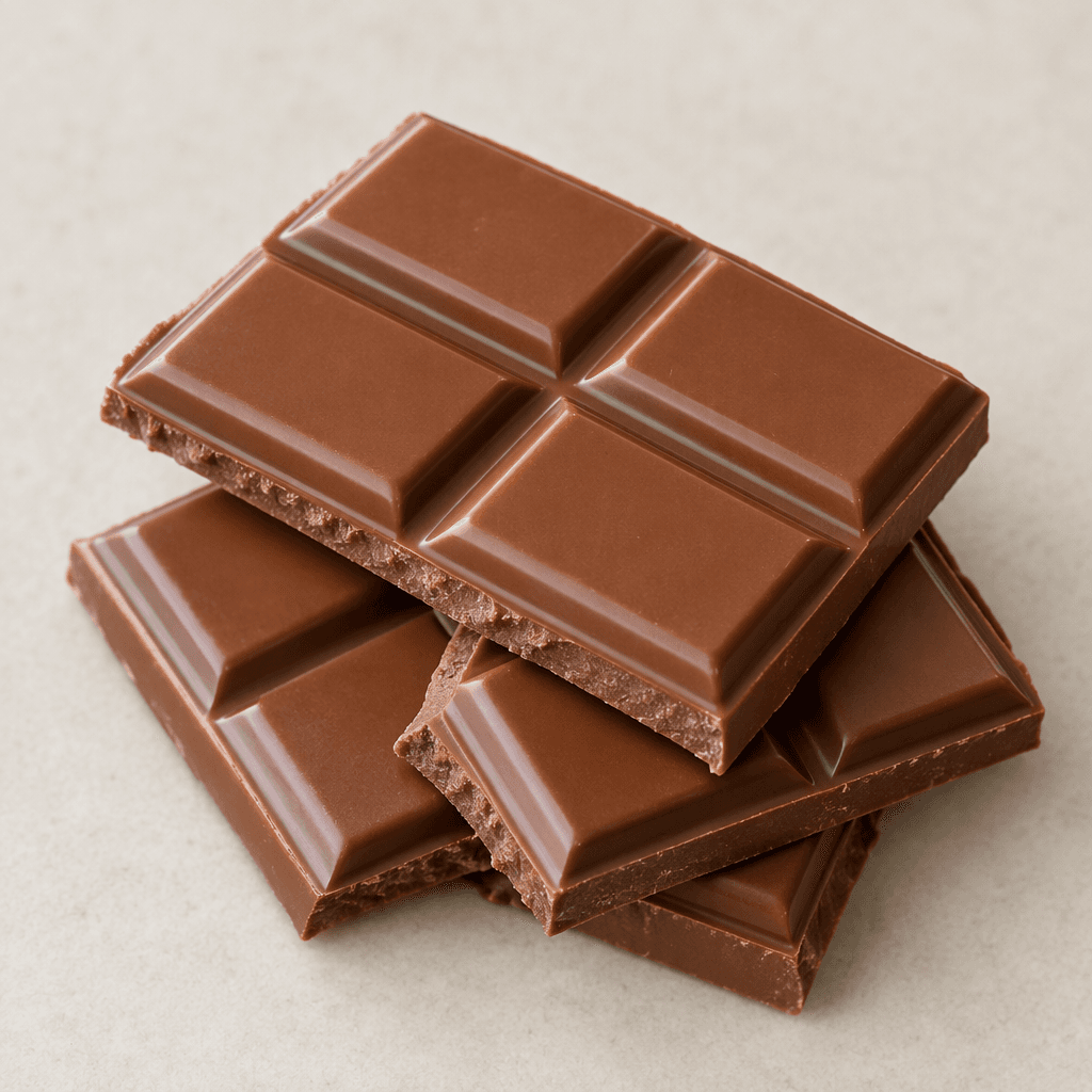 A glossy, medium-brown milk chocolate bar broken into neat rectangular segments, with smooth surfaces and clean edges.