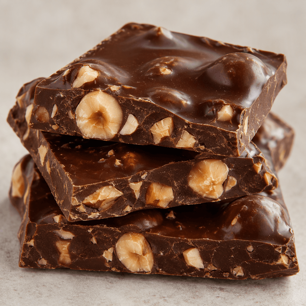 Dark brown chocolate pieces with a smooth, glossy surface and visible golden-brown hazelnut fragments scattered through the chocolate.