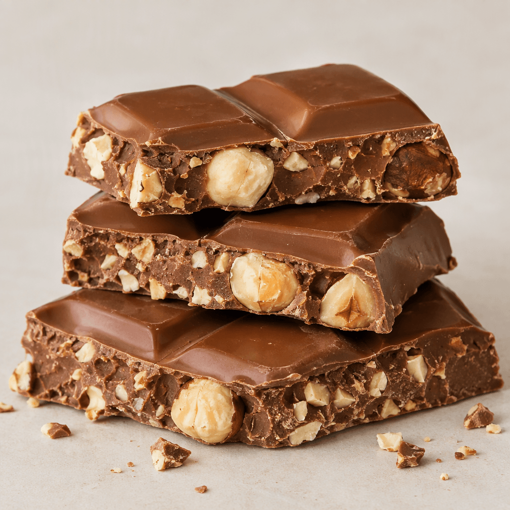 A smooth, glossy light-brown milk chocolate bar broken into pieces, with whole and chopped hazelnuts visible throughout its creamy cross-section.