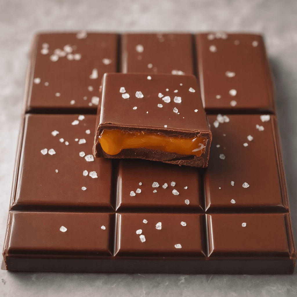A glossy, dark-brown chocolate bar is divided into neat rectangular segments, with a cut piece showing a soft amber caramel centre and a few coarse salt crystals scattered on top.