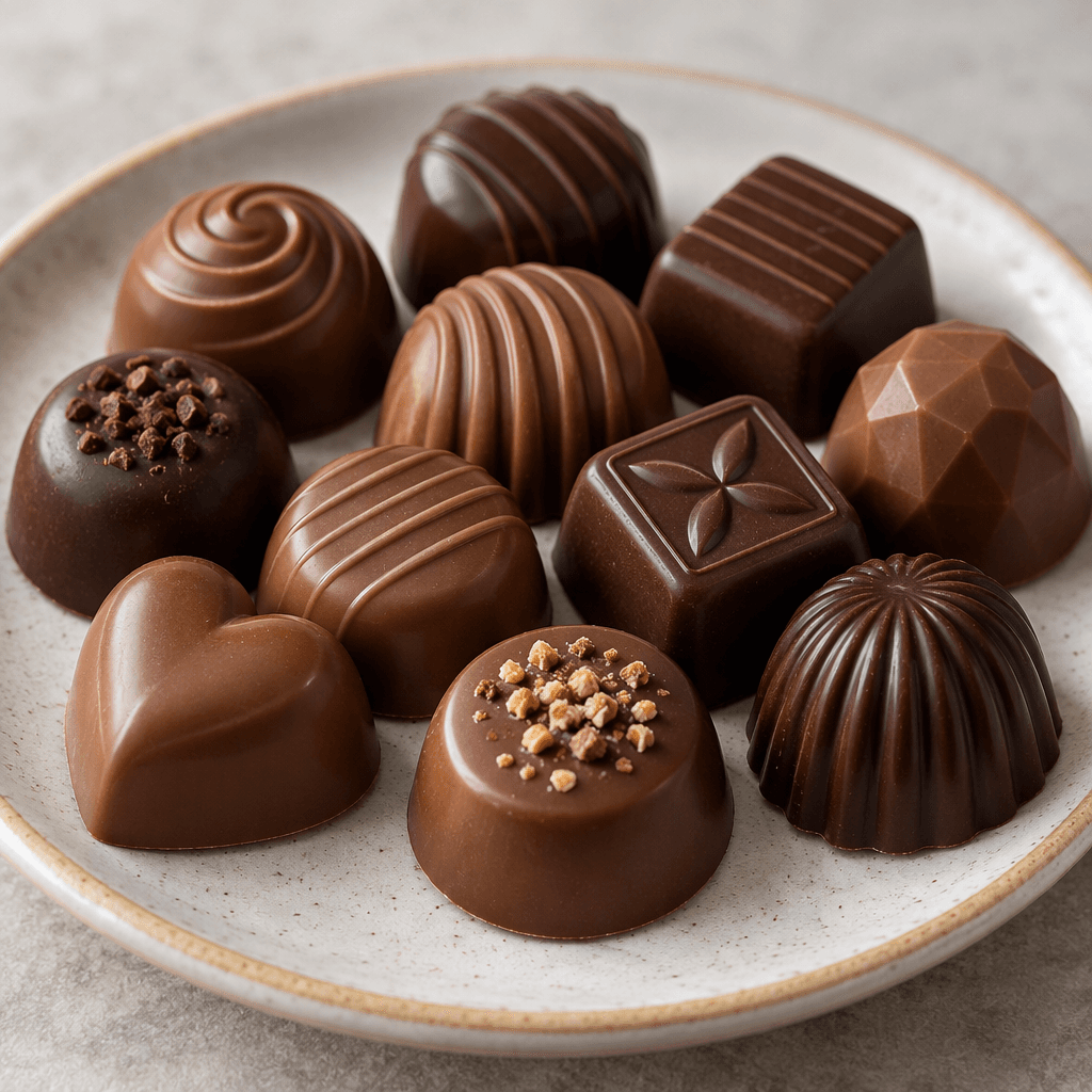 Small molded praline chocolates with smooth milk- and dark-brown shells, some topped with fine ridges or simple patterns, arranged neatly on a serving plate.