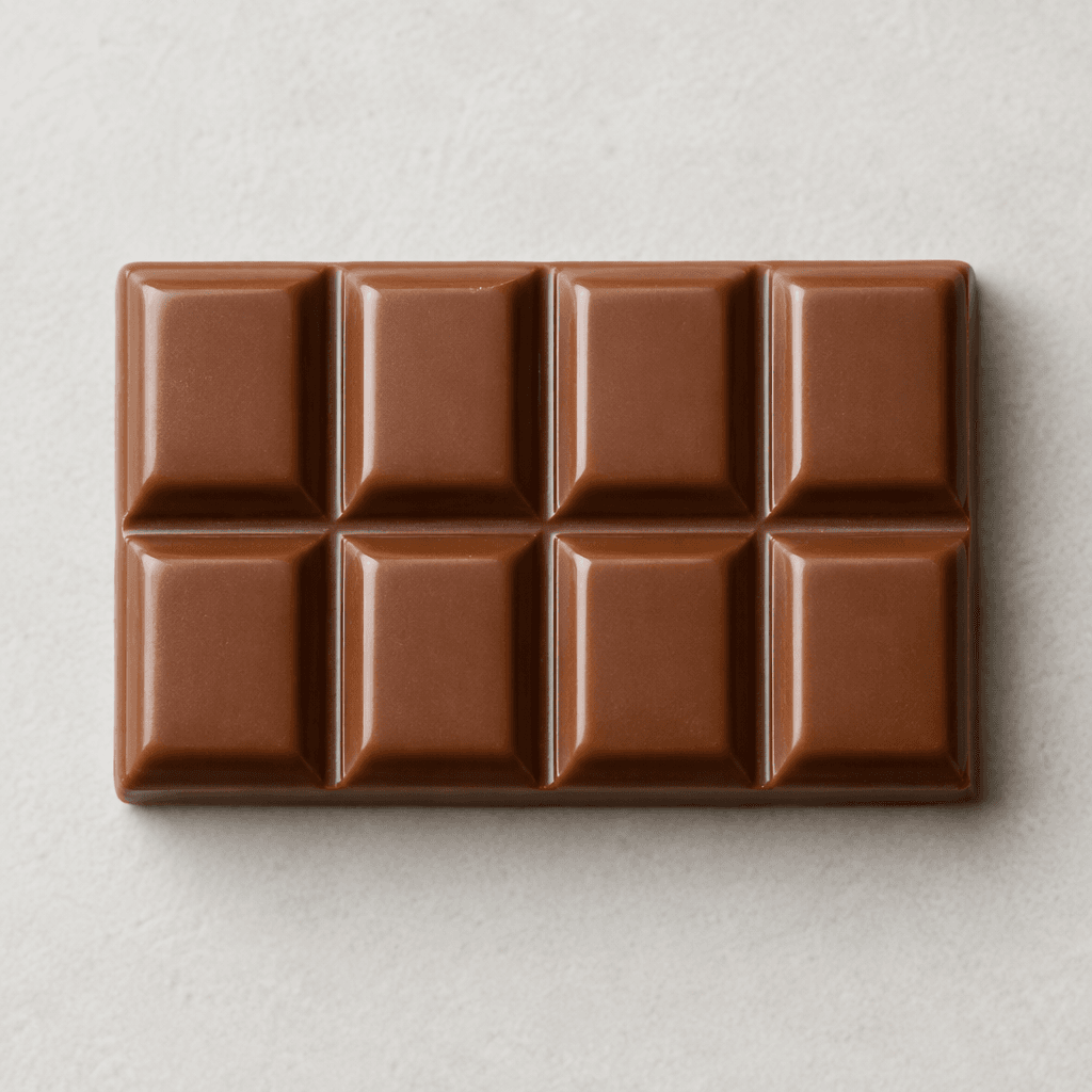 A small, neat rectangular milk-chocolate bar with a smooth, glossy medium-brown surface and shallow grooves dividing it into bite-sized sections.