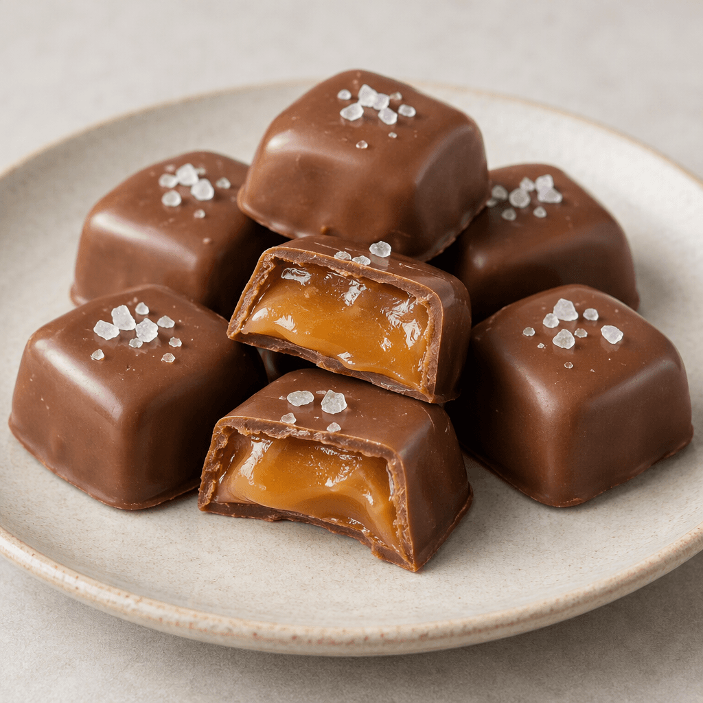 Smooth, glossy milk-chocolate pieces with a golden caramel centre and a few coarse white salt crystals on top are arranged on a plate.