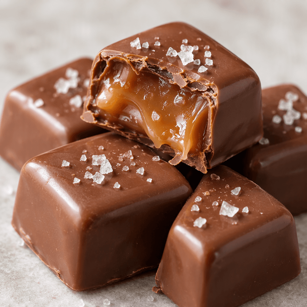 Glossy milk-chocolate squares with smooth edges, one broken open to show a soft golden-brown caramel center dotted with coarse white salt crystals.