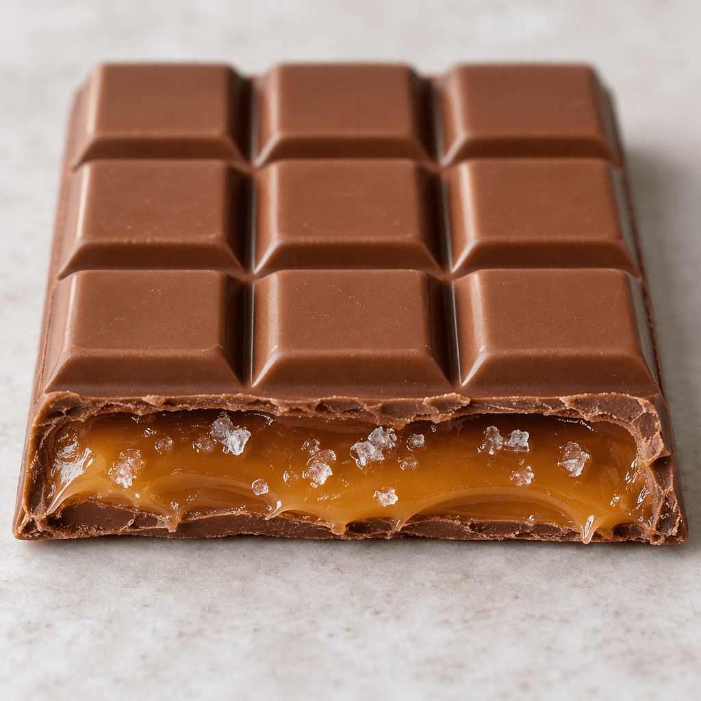 A rectangular milk-chocolate bar divided into neat raised segments, with a smooth brown surface and a cut edge showing a soft amber caramel center dotted with tiny salt crystals.