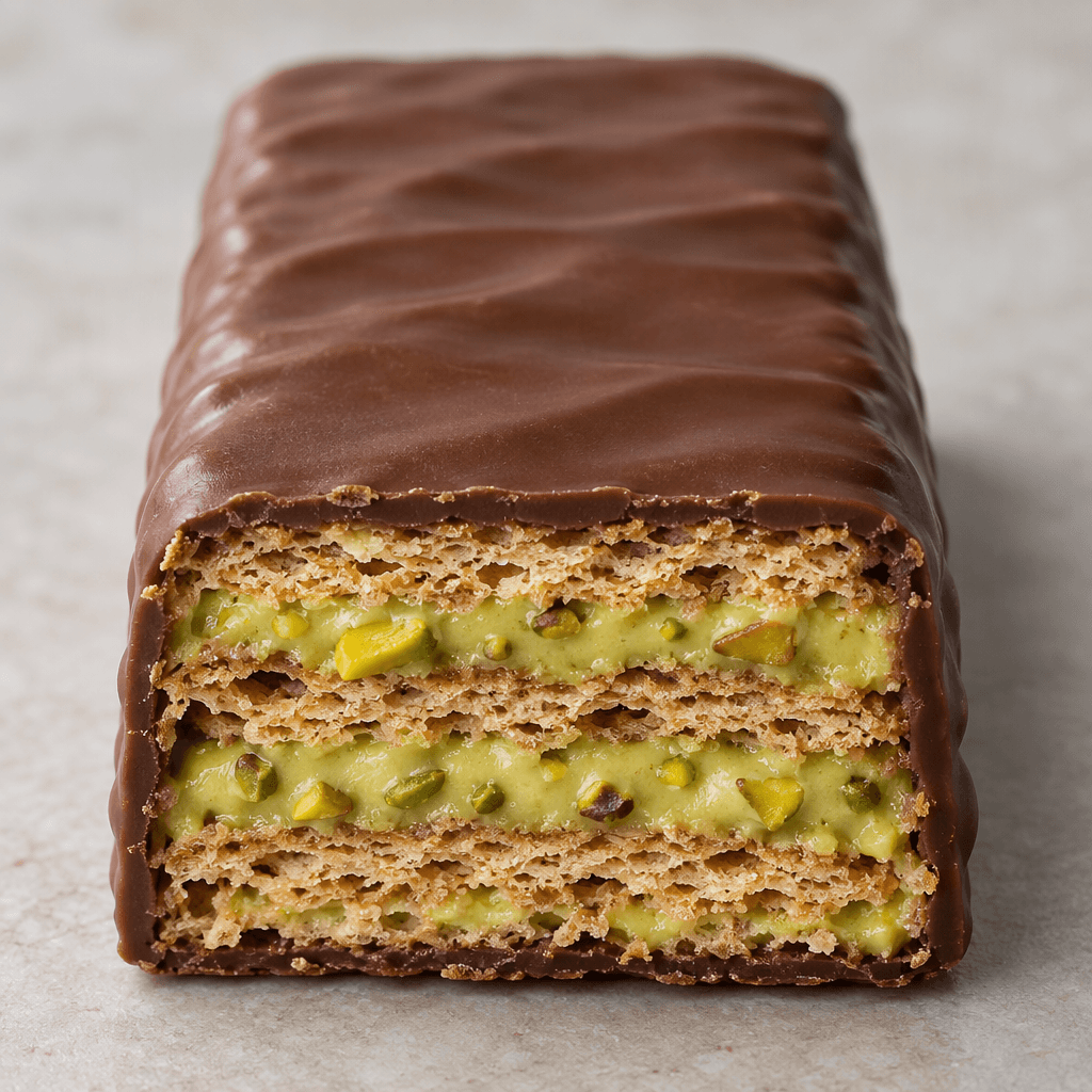 A rectangular chocolate-coated bar with a smooth brown exterior, its cut face showing thin crisp wafer layers and pale green pistachio filling.