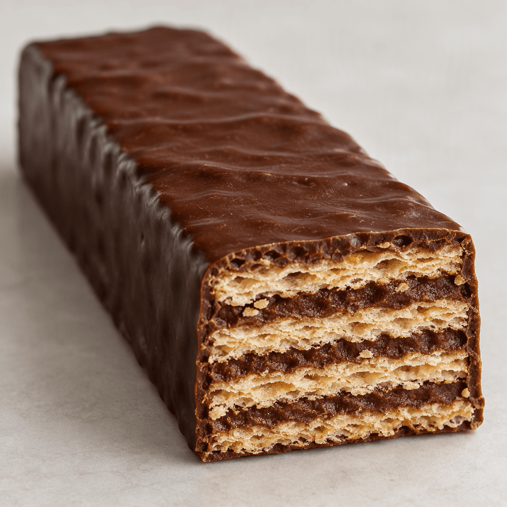 An elongated rectangular bar with a smooth, dark-brown chocolate coating and a crisp cross-section of thin, pale golden wafer layers alternating with dark chocolate filling.