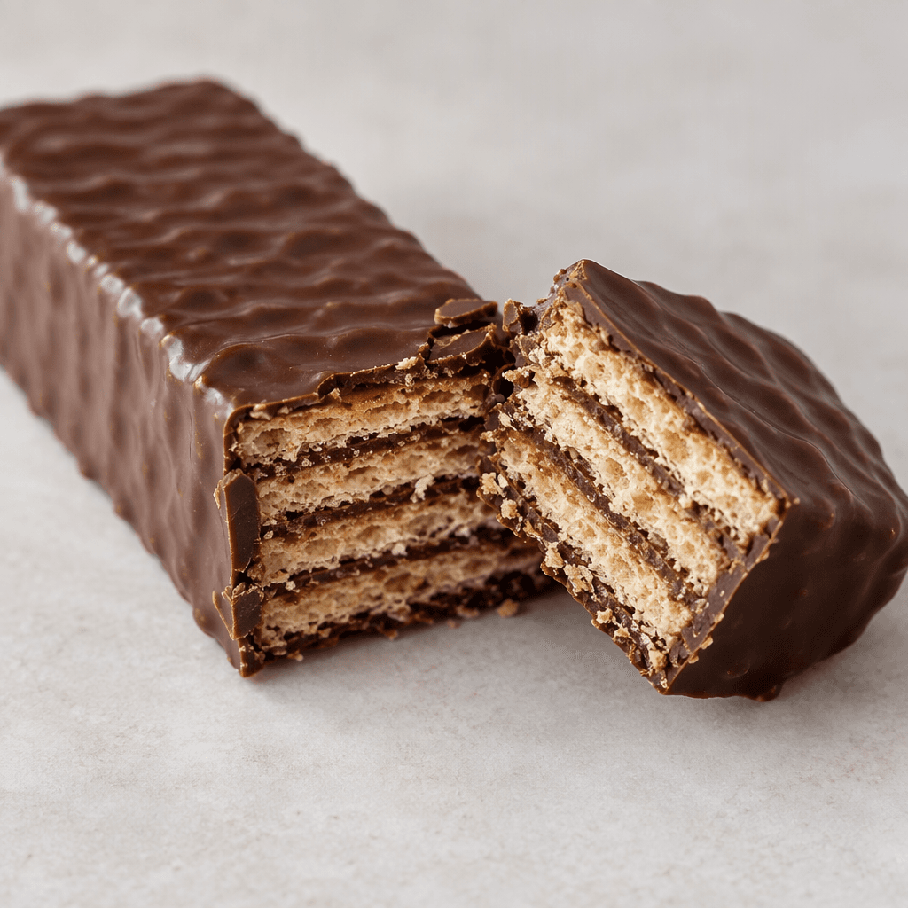 A slim rectangular wafer bar coated in dark brown chocolate, with crisp, pale wafer layers and thin filling visible where it is broken or cut.